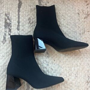 Zara Woman Black Knit Pull On Sock Boot Block Heel